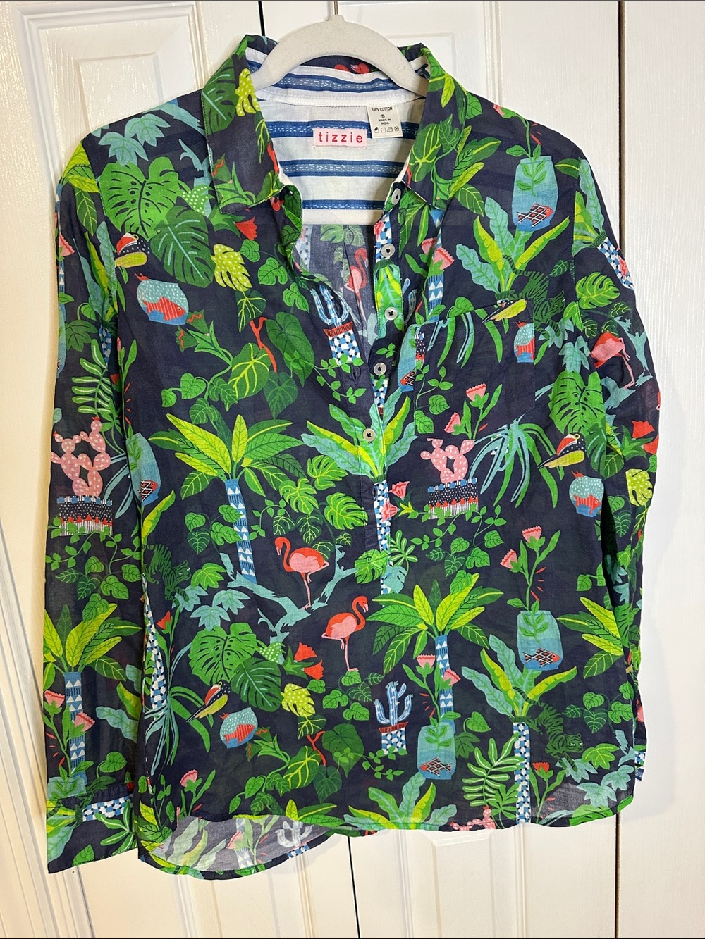Tizzis Navy Tropical Print Long-Sleeve Blouse | S